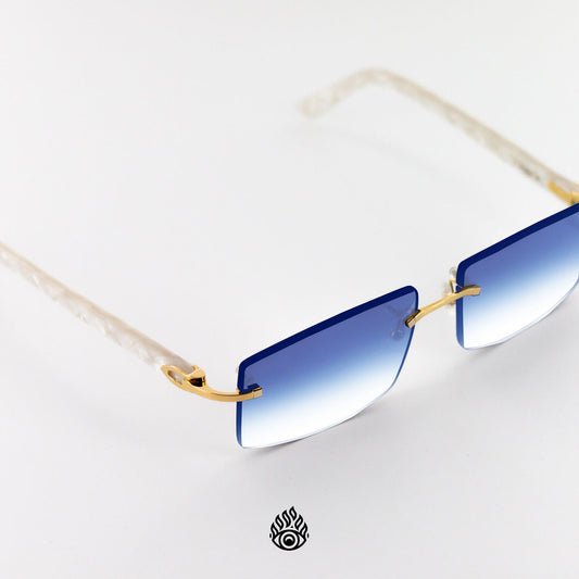 Cartier White Acetate Glasses with Gold C Decor & Gradient Blue Lens CT0056O-002