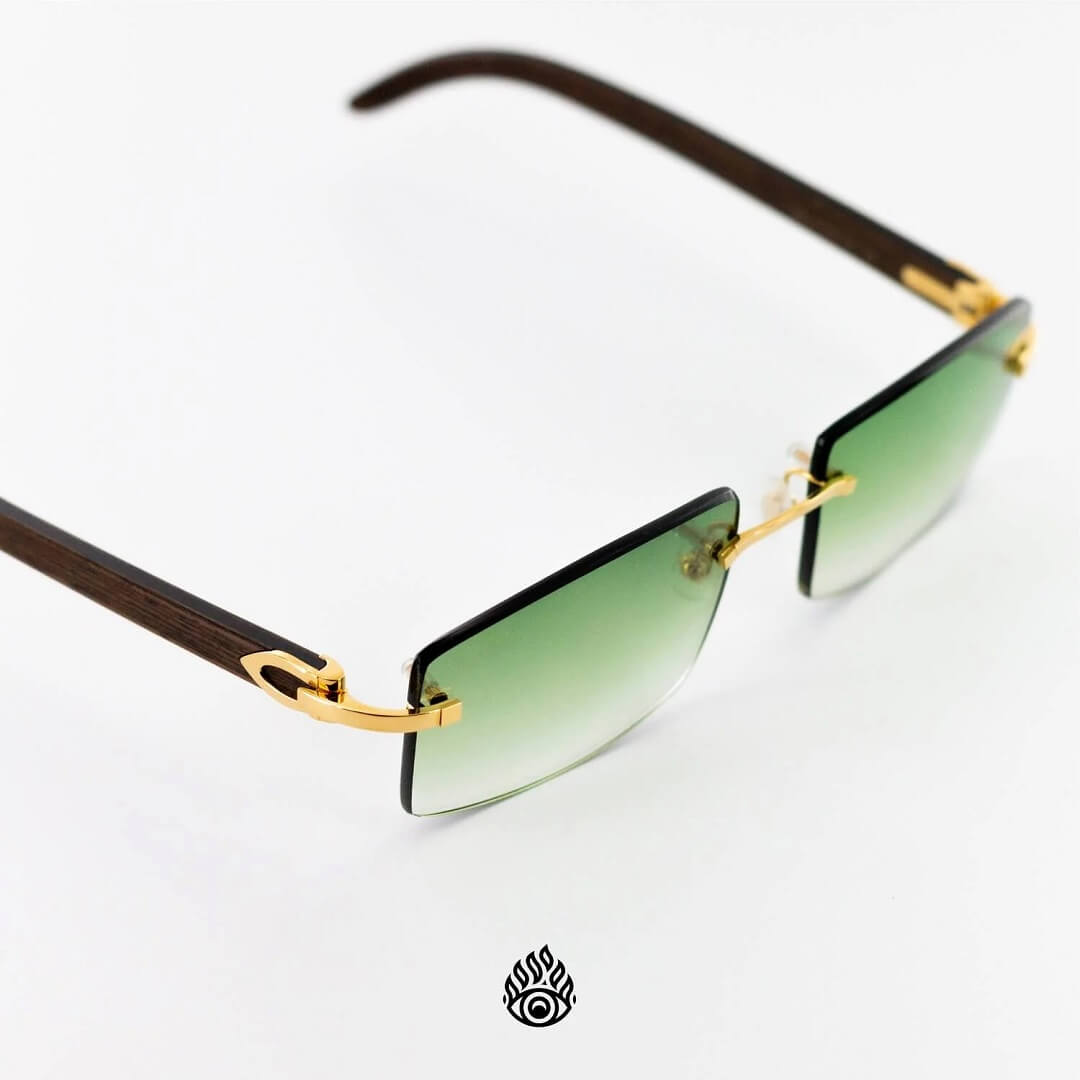 Cartier Dark Wood Glasses with Gold C Decor and Green Lens CT0052O-005