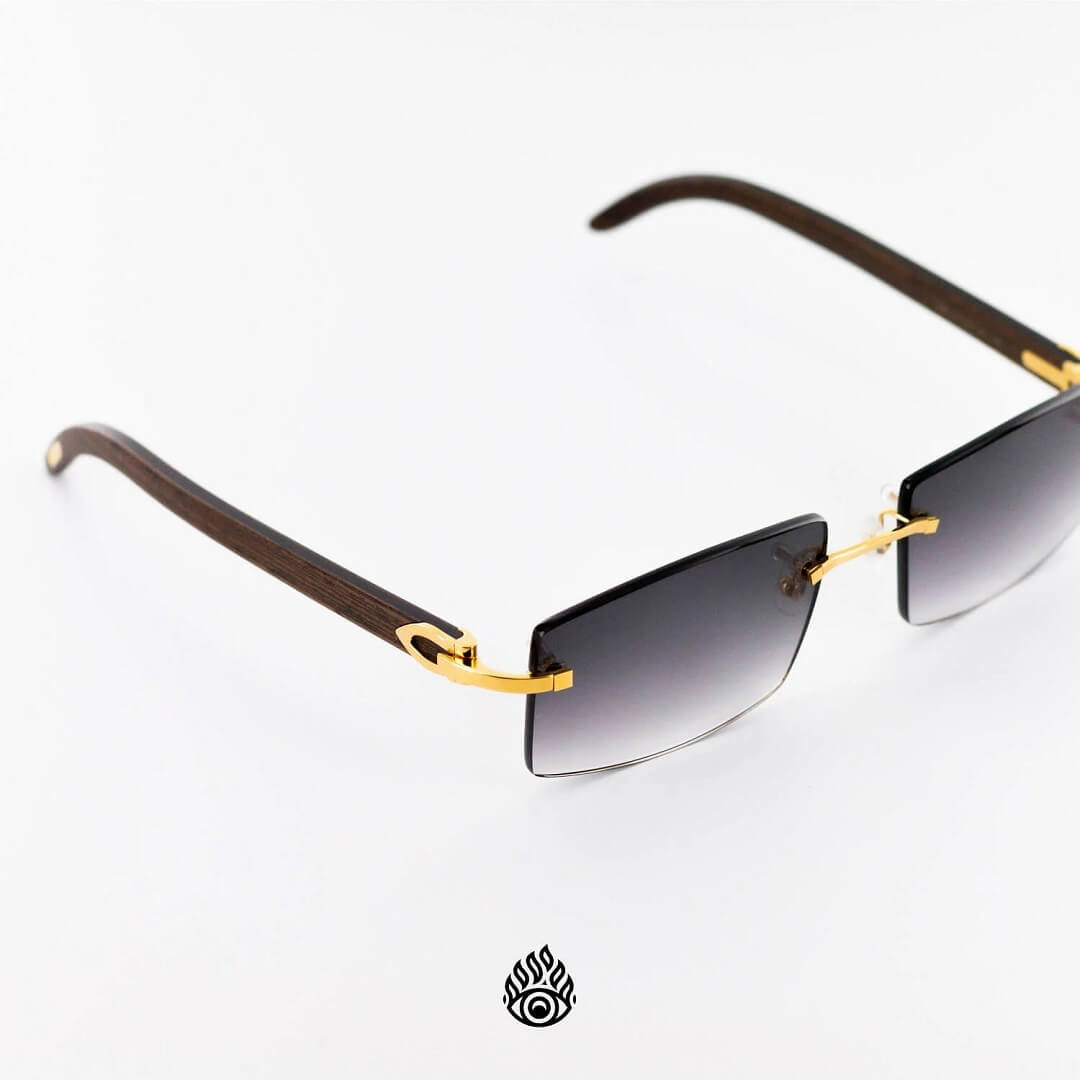 Cartier Dark Wood Glasses with Gold C Decor and Grey Lens CT0052O-005