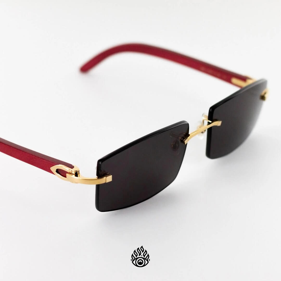 Cartier Red Wood Glasses with Gold C Decor and Black Lens CT0052O-006