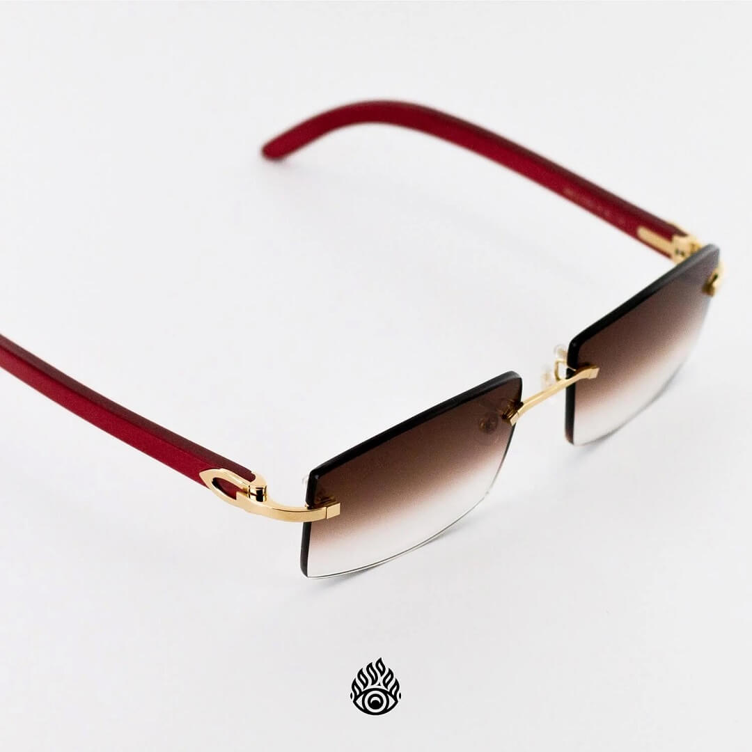 Cartier Red Wood Glasses with Gold C Decor and Brown Lens CT0052O-006