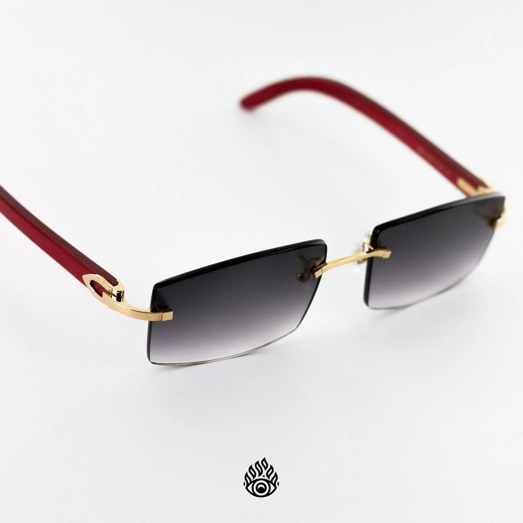Cartier Red Wood Glasses with Gold C Decor and Grey Lens CT0052O-006