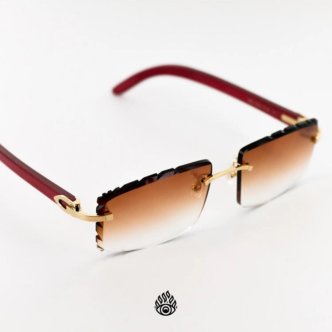 Cartier Red Wood Glasses with Gold C Decor and Honey Brown Lens CT0052O-006