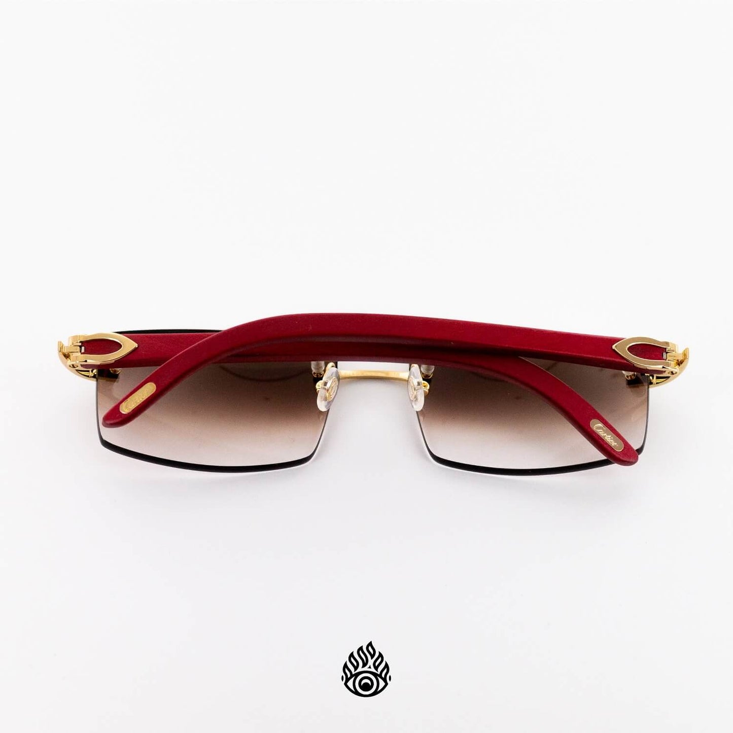 Cartier Red Wood Glasses with Gold C Decor and Brown Lens CT0052O-006