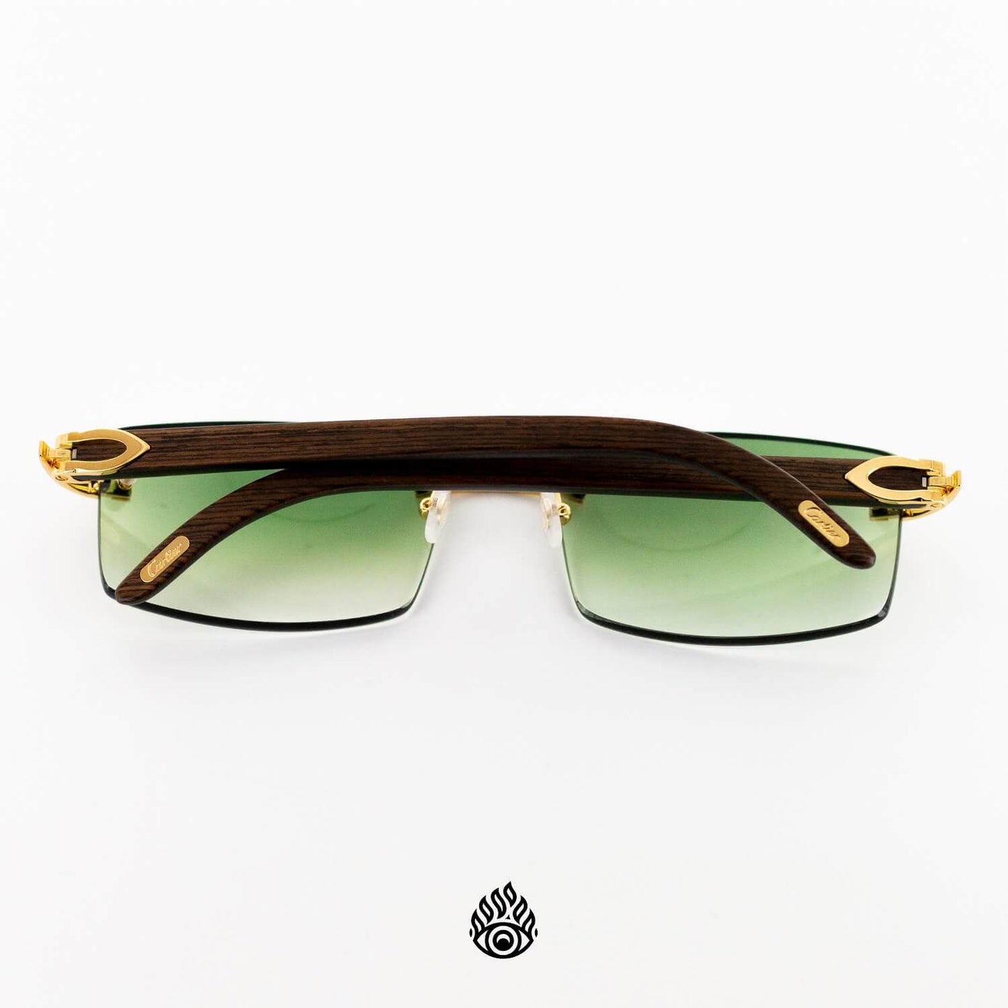 Cartier Dark Wood Glasses with Gold C Decor and Green Lens CT0052O-005
